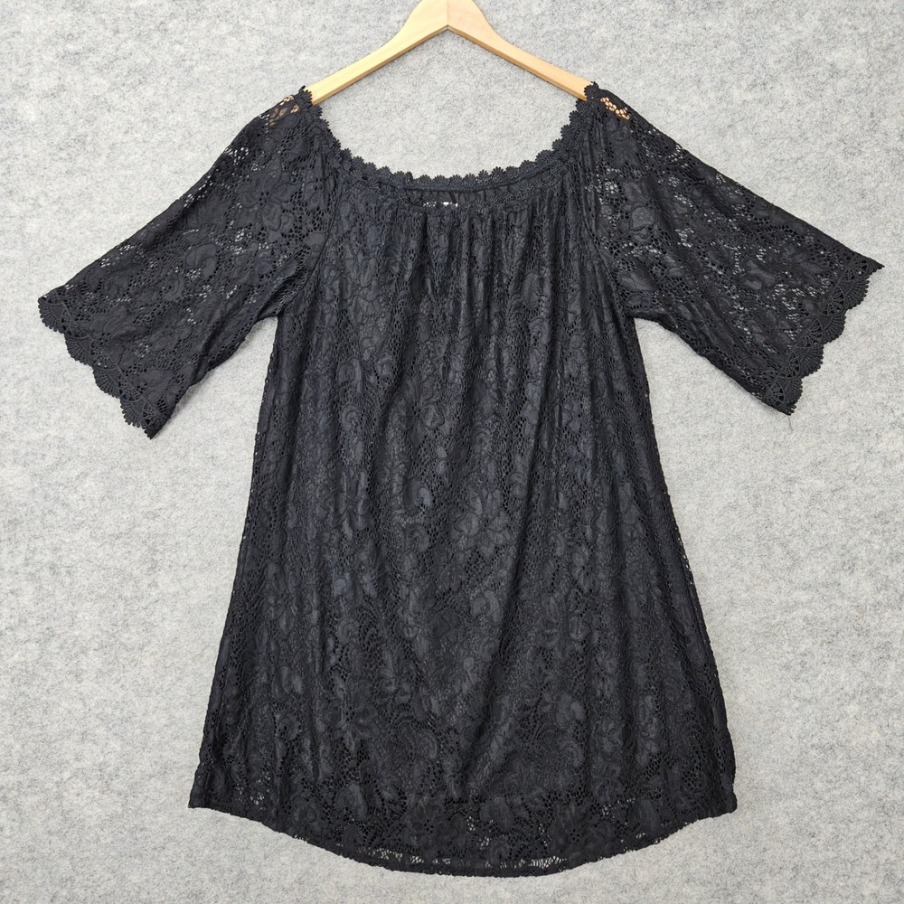 OURS Lace Tunic Top Women's XL Black Off Shoulder Bell Sleeve Floral Boho Gothic